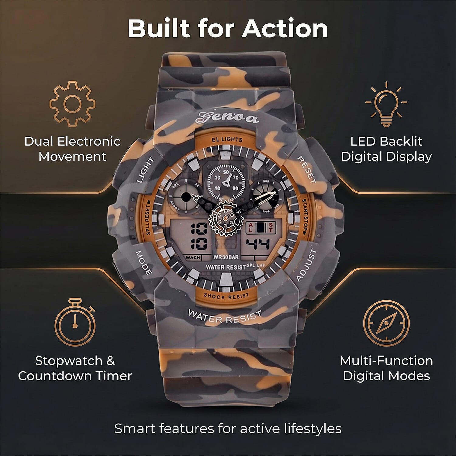GENOA TIME V2 Double Electronic Movement 3ATM Water Resistant Camouflage Khaki Multifunctional LED Dial Watch with TPU Strap